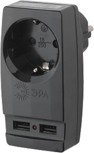 Адаптер с заземлением ЭРА SP-1e-USB-B 1-м+2xUSB тип A+A 2100мА черный картинка 